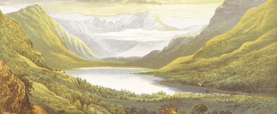 Victorian lithograph of a lake nestled between mountains
