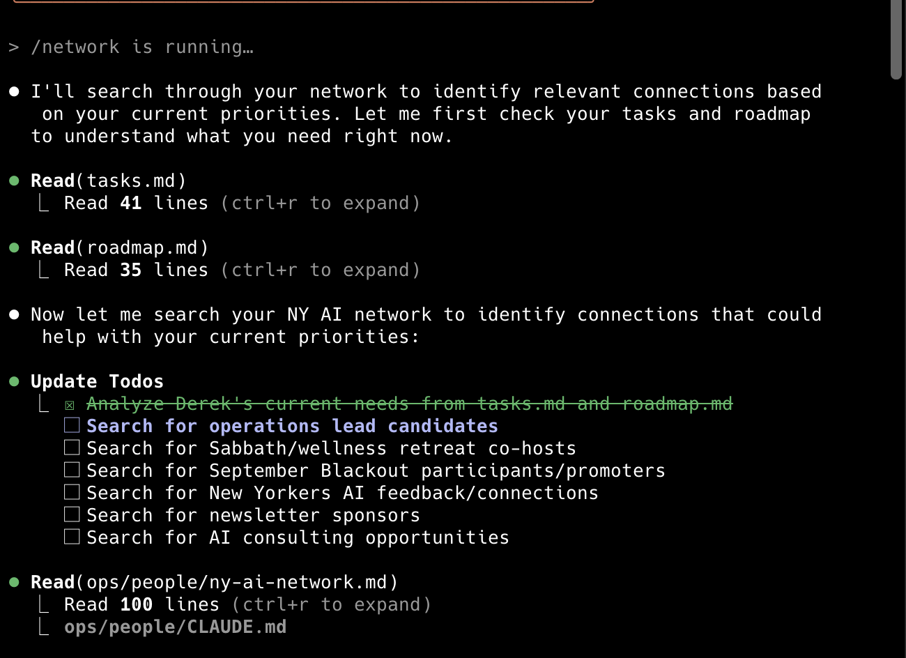 Network search results showing matching contacts and their overlap