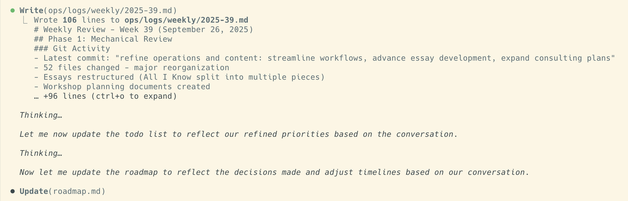 Generated weekly review document with insights and action items