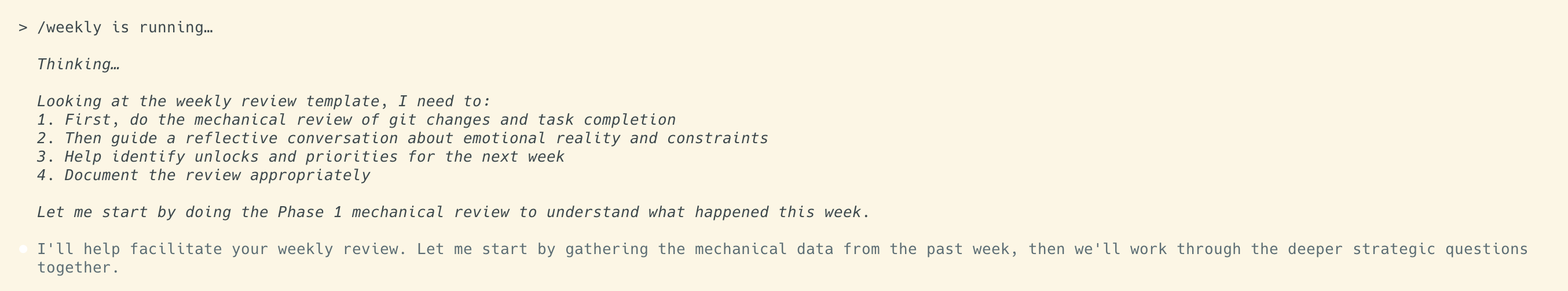 Claude Code running the weekly review command